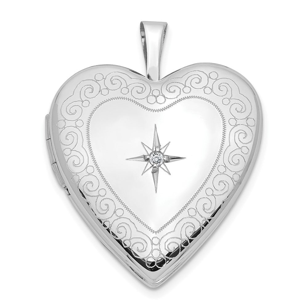 14K White Gold Diamond Star with Side Swirl Edge 20mm Heart Locket, 0.01 ct, 24.9 x 19.7 mm