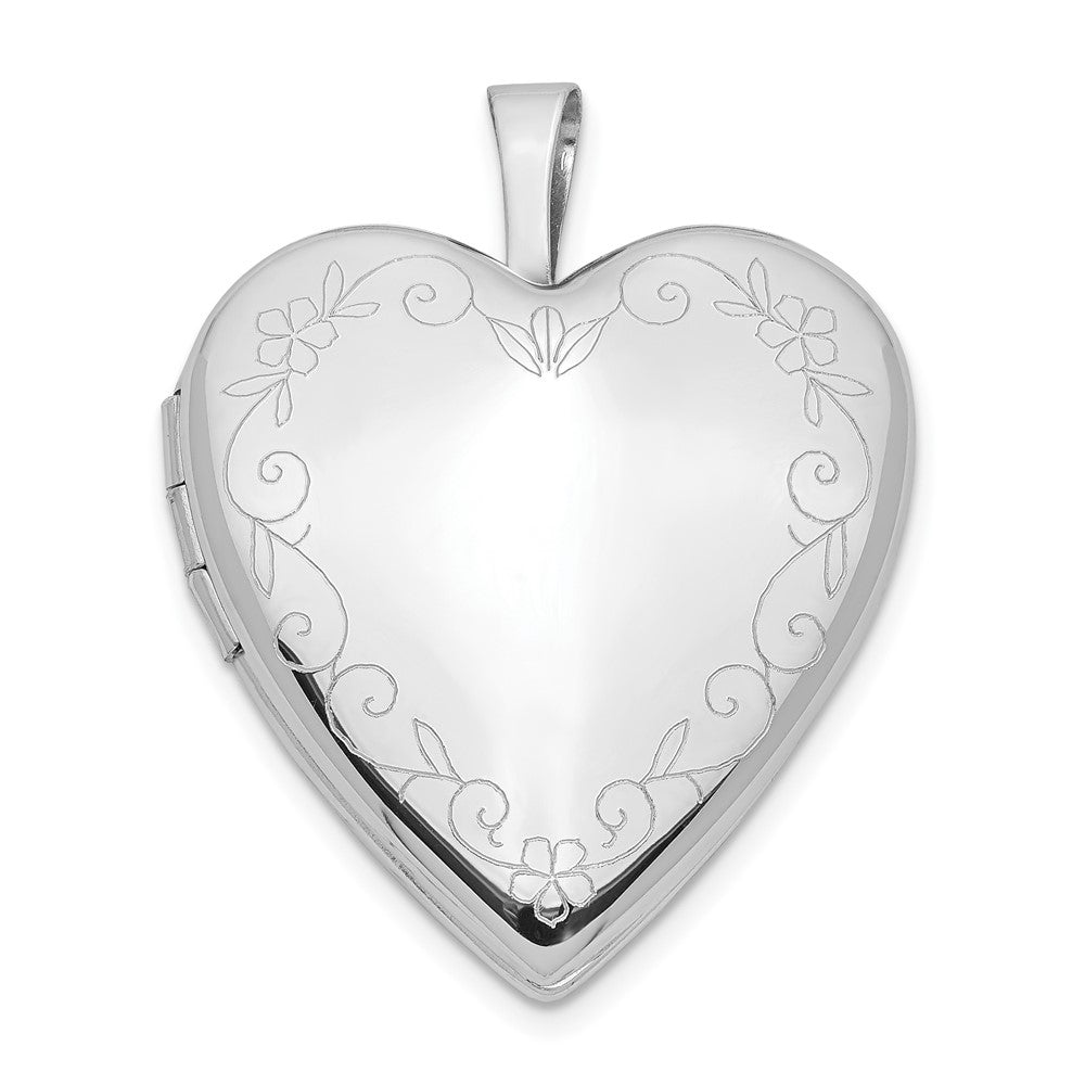 14K White Gold Floral Vine Border 20mm Heart Locket, 25 x 20 mm