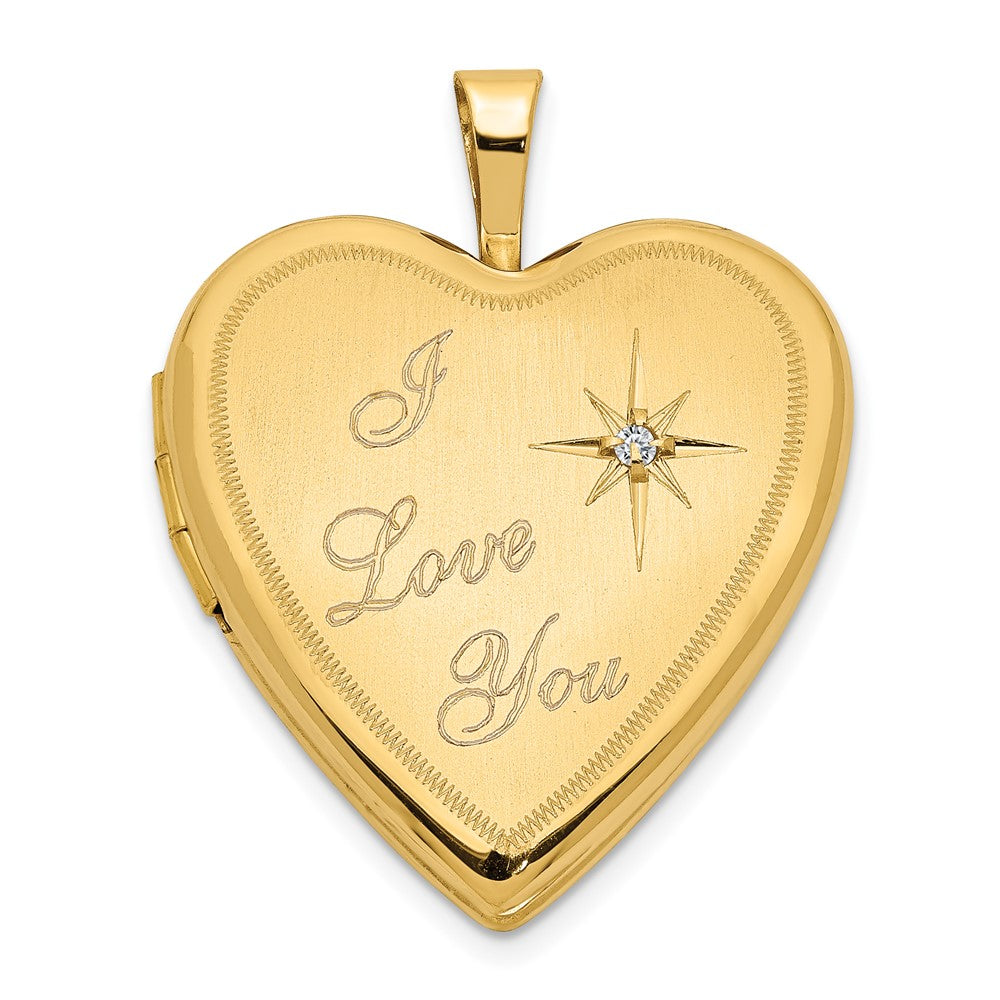 14K Satin Diamond Star I LOVE YOU Script 20mm Heart Locket, 0.01 ct, 24 x 20 mm