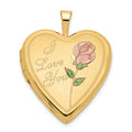14K Pink and Green Enamel Rose I LOVE YOU Script 20mm Heart Locket, 24.9 x 19.65 mm