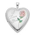 14K White Gold Pink and Green Enamel Rose I LOVE YOU Script 20mm Heart Locket, 24.9 x 19.65 mm