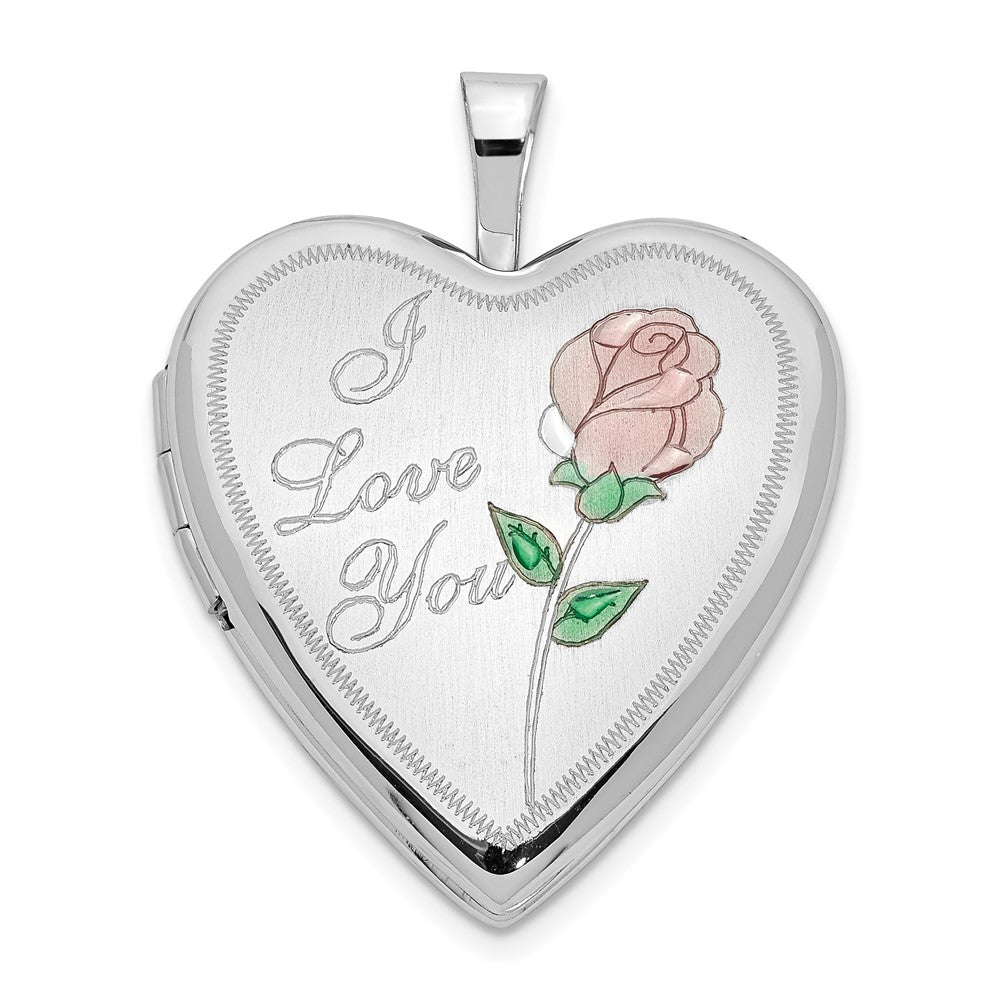 14K White Gold Pink and Green Enamel Rose I LOVE YOU Script 20mm Heart Locket, 24.9 x 19.65 mm
