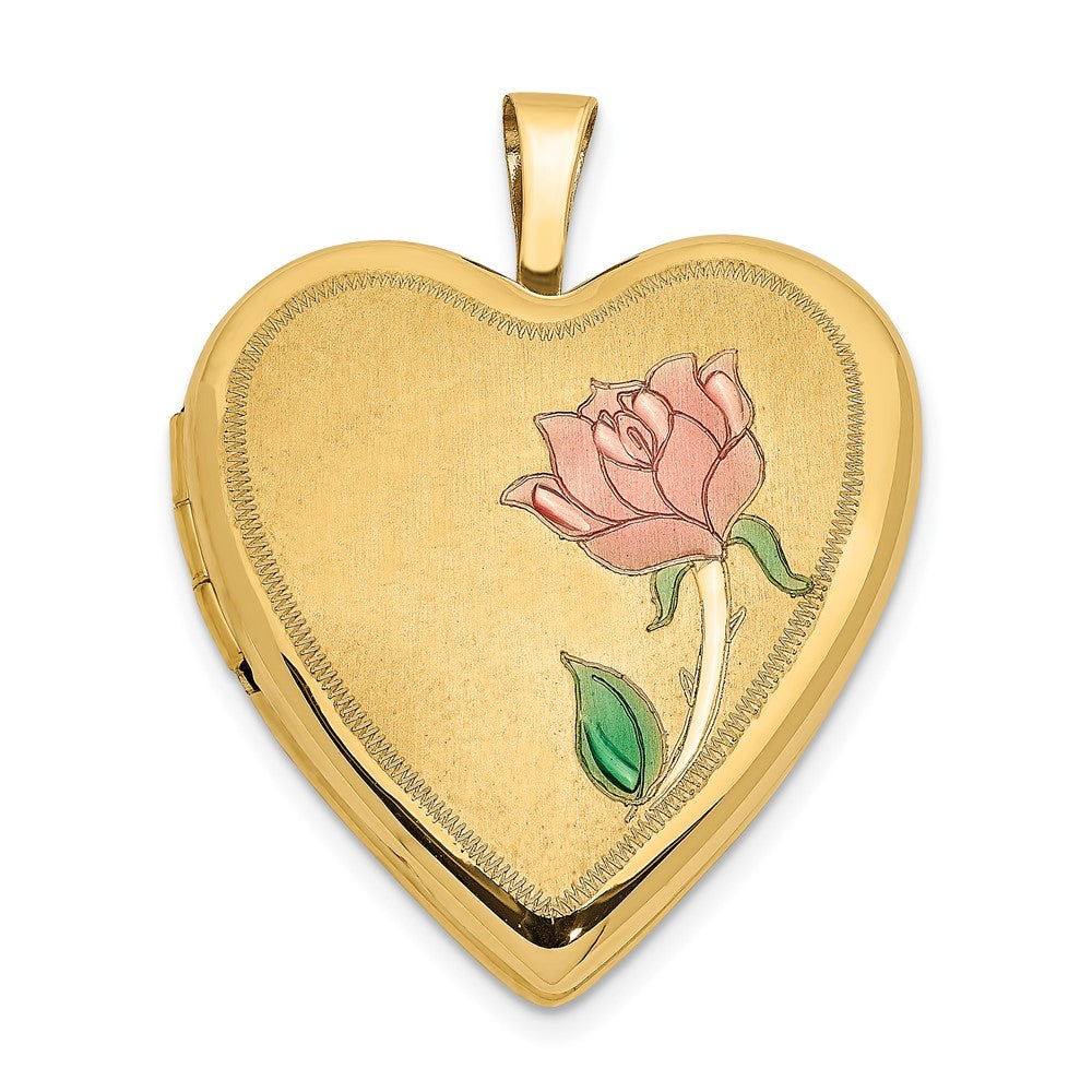 14K Pink and Green Enamel Rose 20mm Heart Locket, 24 x 20 mm