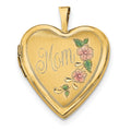 14k Pink and Green Enameled Floral MOM Script 20mm Heart Locket, 24.75 x 19.6 mm
