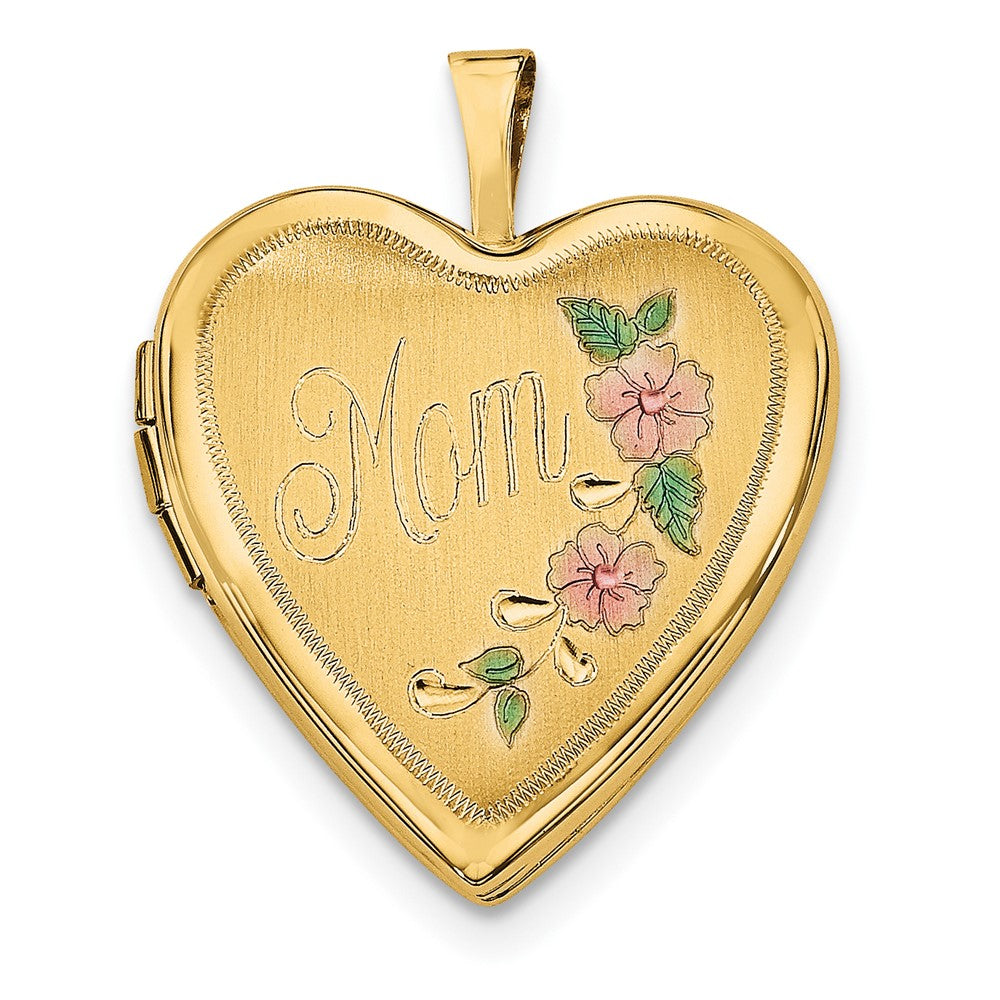 14k Pink and Green Enameled Floral MOM Script 20mm Heart Locket, 24.75 x 19.6 mm