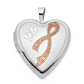 14K 20mm White Gold Enameled Breast Cancer w/ Hearts Heart Locket, 24.6 x 19.65 mm