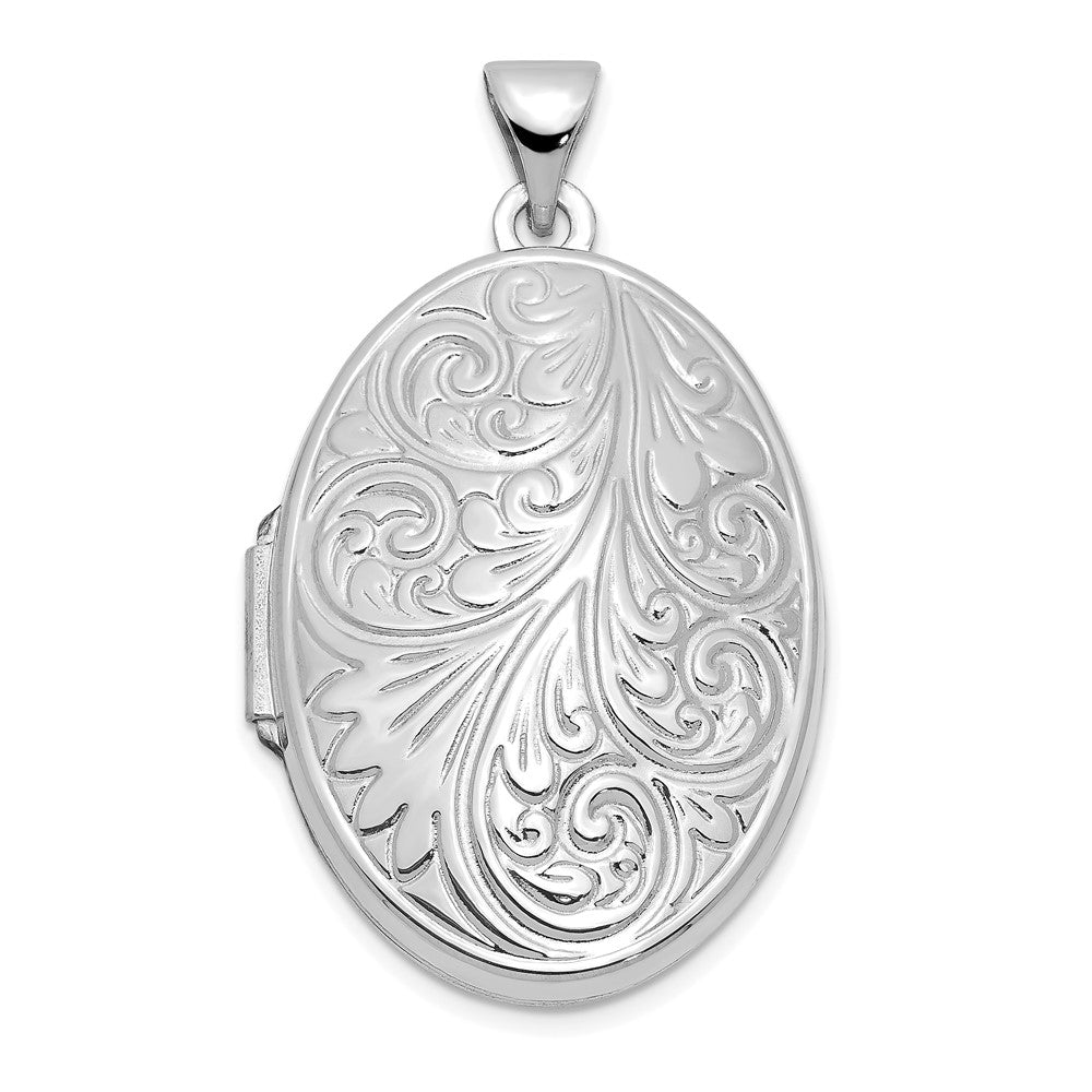 14k White Gold Scroll Design 26mm Oval Locket, 33.5 x 19.5 mm