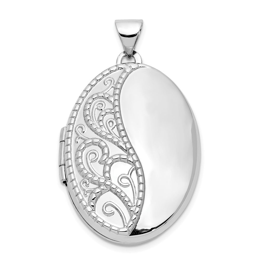 14k White Gold Fancy Half Swirl Design 26mm Oval Locket, 33 x 19.3 mm