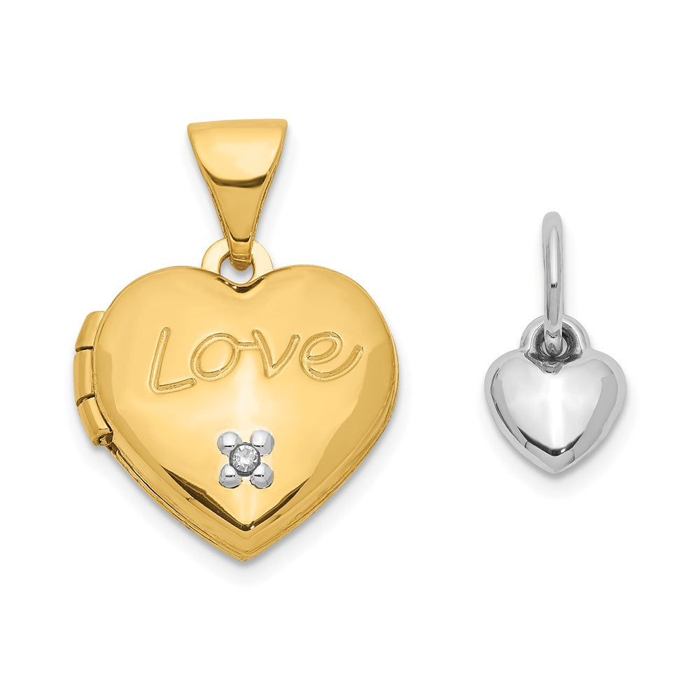 14k Two-tone Diamond LOVE with Poem on Reverse with Heart Charm 12mm Heart Locket, 0.005 ct, 17.5 x 12.5 mm