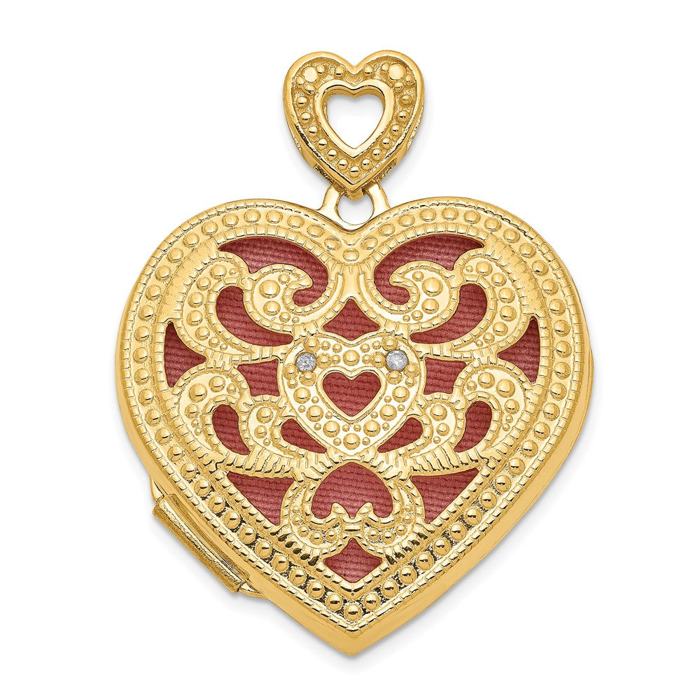 14k Diamond Vintage Filigree with Pink Fabric Interior 24mm Heart Locket, 0.01 ct, 31.4 x 24.25 mm