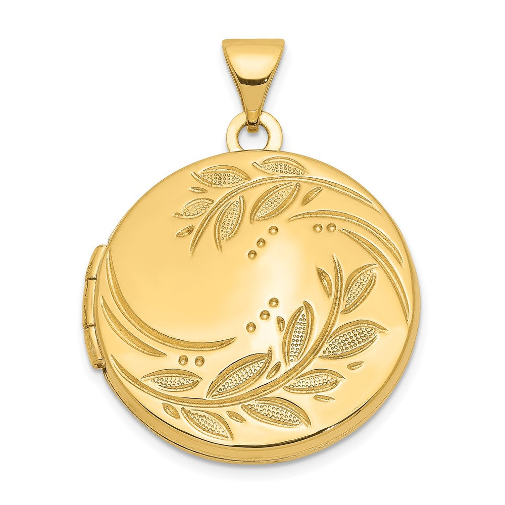14k Polished Leaves 20mm Round Locket, 27.55 x 20.85 mm