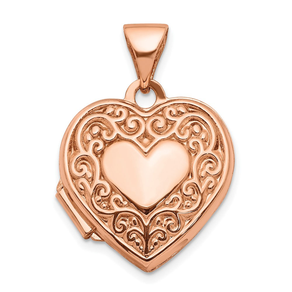 14k Rose Gold Polished Scrolled 15mm Heart Locket, 21 x 15.55 mm