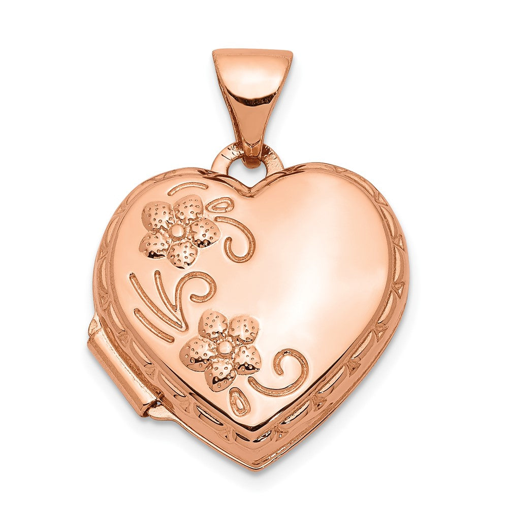 14k Rose Gold Floral Reverses to LOVE YOU ALWAYS Script 15mm Heart Locket, 21 x 15.7 mm