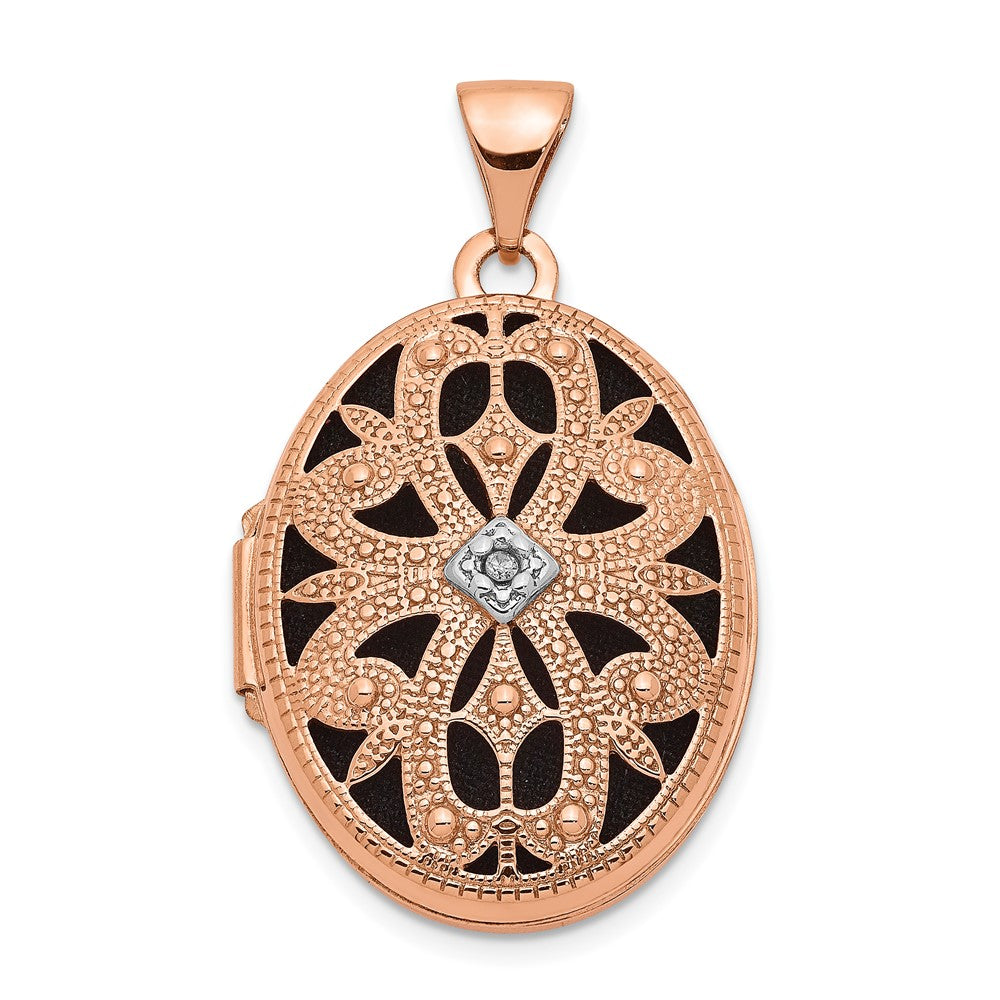 14K Rose Gold Diamond Vintage Filigree with Black Fabric Interior 21mm Oval Locket, 0.005 ct, 28 x 17 mm