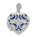 14k White Gold Diamond Vintage Filigree with Blue Fabric Interior 15mm Heart Locket, 0.015 ct, 21.5 x 15.4 mm
