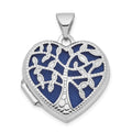 14k White Gold Cut-out Tree of Life with Blue Fabric Interior 18mm Heart Locket, 24 x 18.6 mm