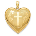 14k Textured and Diamond-cut Floral Cross Ash Holder 24mm Heart Locket, 30.5 x 24 mm
