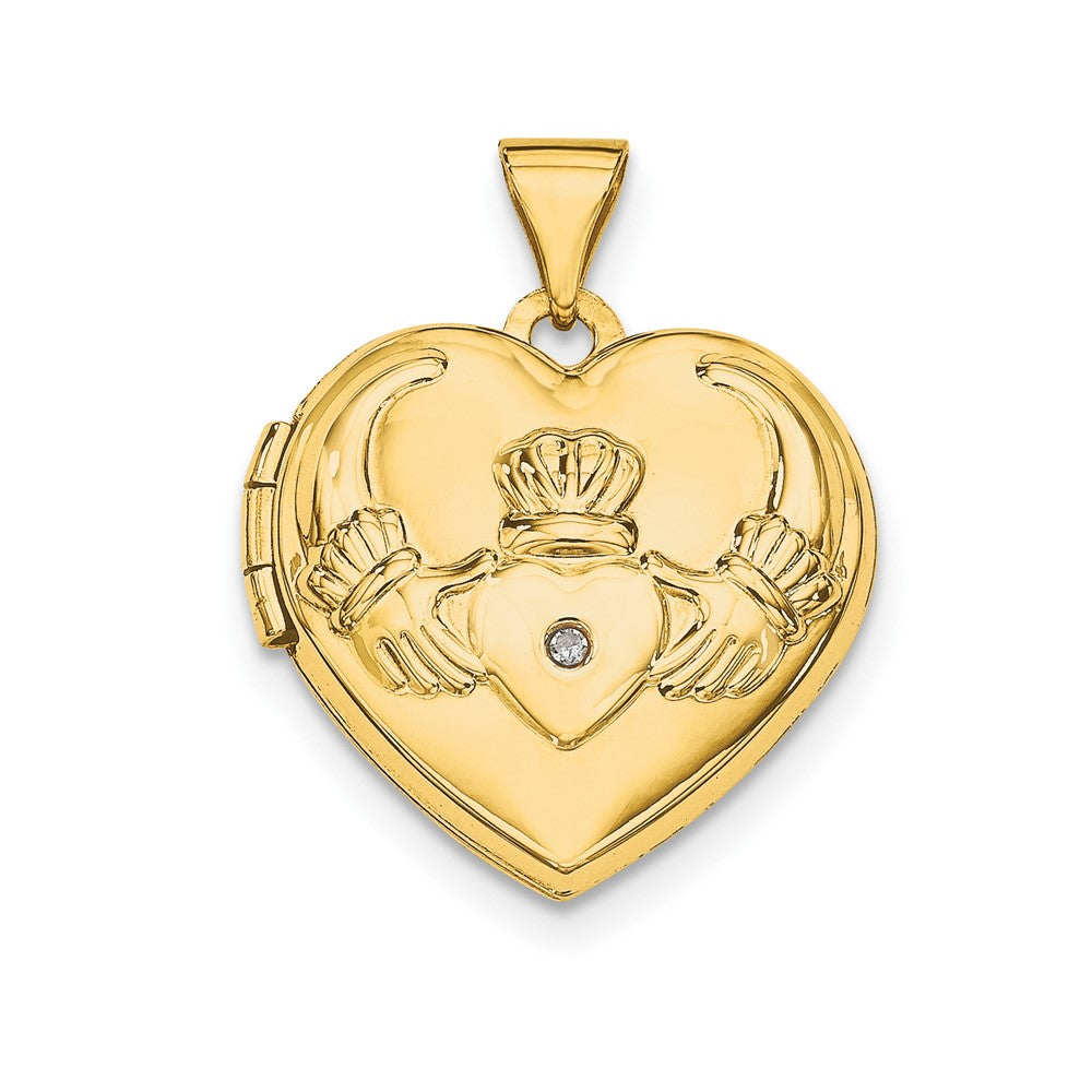 14k Diamond Claddagh with Poem on Reverse 18mm Heart Locket, 0.005 ct, 24 x 18.7 mm