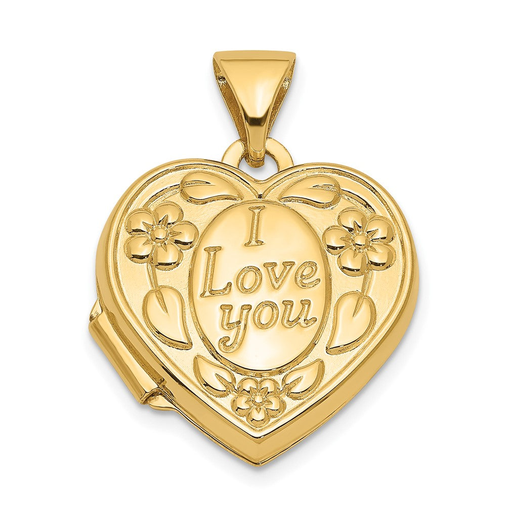 14k Floral I LOVE YOU Script 15mm Heart Locket, 20.9 x 15.5 mm