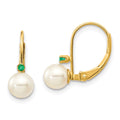 14k 5-5.5mm White Round Freshwater Cultured Pearl and .03EM Emerald Leverback Earrings, 0.03 ct, 15 x 5 mm
