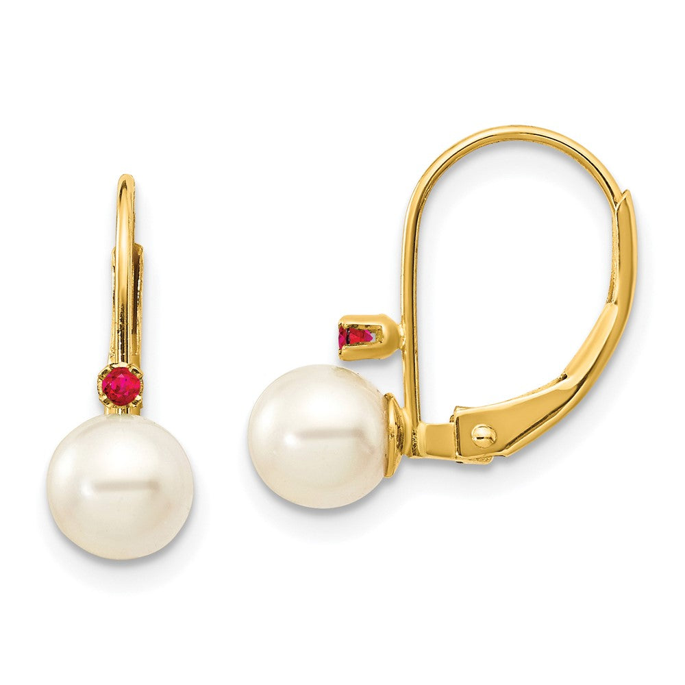 14k 5-5.5mm White Round Freshwater Cultured Pearl and .04RU Ruby Leverback Earrings, 0.04 ct, 15 x 5 mm