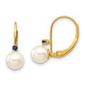 14k 5-5.5mm White Round Freshwater Cultured Pearl and .04SA Sapphire Leverback Earrings, 0.04 ct, 15 x 5 mm