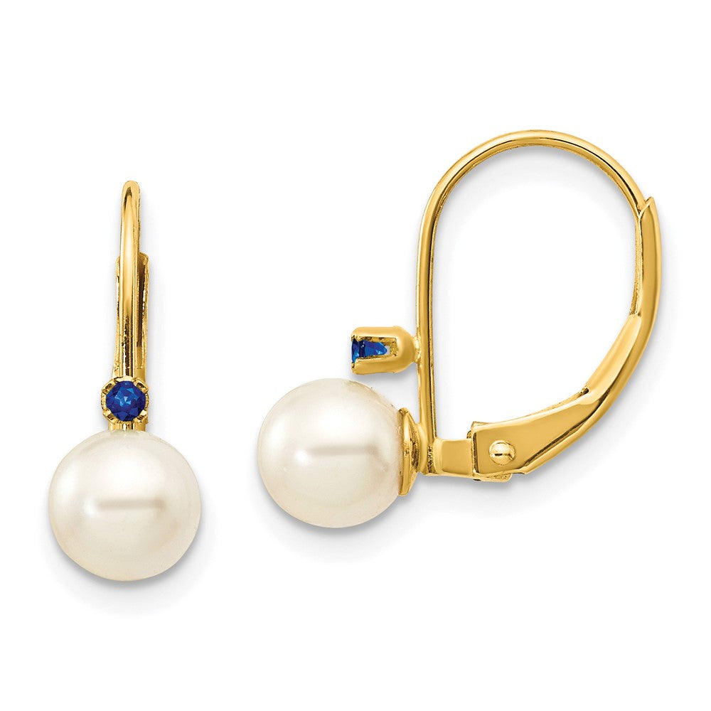 14k 5-5.5mm White Round Freshwater Cultured Pearl and .04SA Sapphire Leverback Earrings, 0.04 ct, 15 x 5 mm