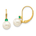14k 6-6.5mm White Round Freshwater Cultured Pearl and .14EM Emerald Leverback Earrings, 0.14 ct, 15 x 6 mm