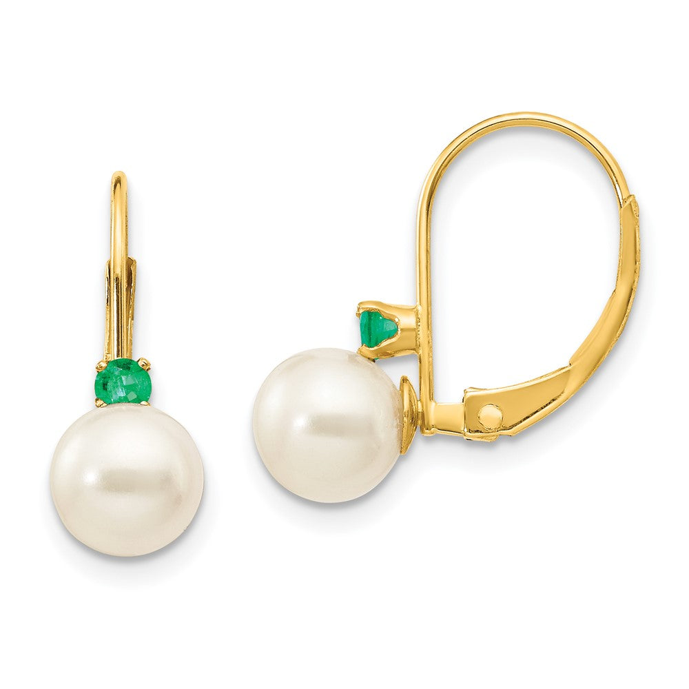 14k 6-6.5mm White Round Freshwater Cultured Pearl and .14EM Emerald Leverback Earrings, 0.14 ct, 15 x 6 mm