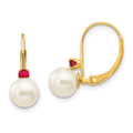 14k 6-6.5mm White Round Freshwater Cultured Pearl and .18RU Ruby Leverback Earrings, 0.18 ct, 15 x 6 mm
