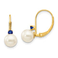 14k 6-6.5mm White Round Freshwater Cultured Pearl and .20SA Sapphire Leverback Earrings, 0.2 ct, 15 x 6 mm