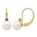 14k 6-6.5mm White Round Freshwater Cultured Pearl and .14TZ Tanzanite Leverback Earrings, 0.14 ct, 15 x 6 mm