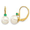 14k 7-7.5mm White Round Freshwater Cultured Pearl and .18EM Emerald Leverback Earrings, 0.18 ct, 16 x 7 mm