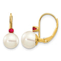 14k 7-7.5mm White Round Freshwater Cultured Pearl and .24RU Ruby Leverback Earrings, 0.24 ct, 16 x 7 mm