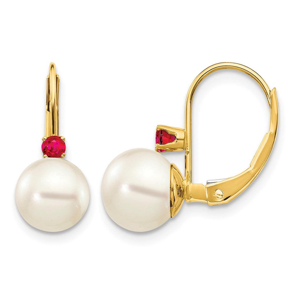 14k 7-7.5mm White Round Freshwater Cultured Pearl and .24RU Ruby Leverback Earrings, 0.24 ct, 16 x 7 mm
