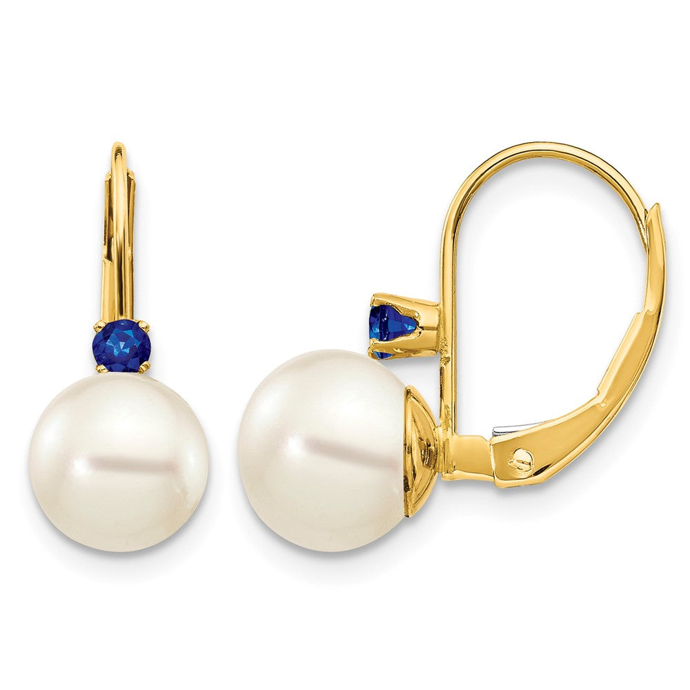 14k 7-7.5mm White Round Freshwater Cultured Pearl and .26SA Sapphire Leverback Earrings, 0.26 ct, 16 x 7 mm