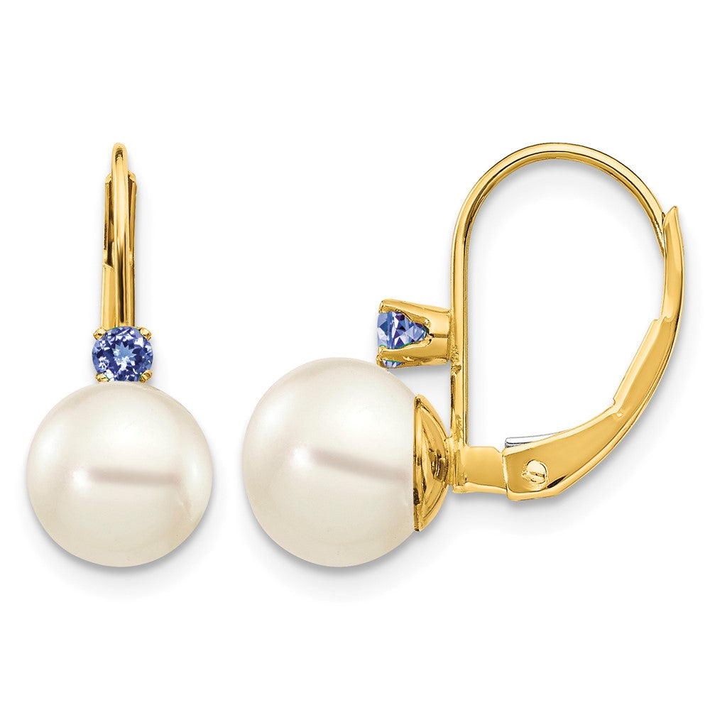 14k 7-7.5mm White Round Freshwater Cultured Pearl and .18TZ Tanzanite Leverback Earrings, 0.18 ct, 16 x 7 mm