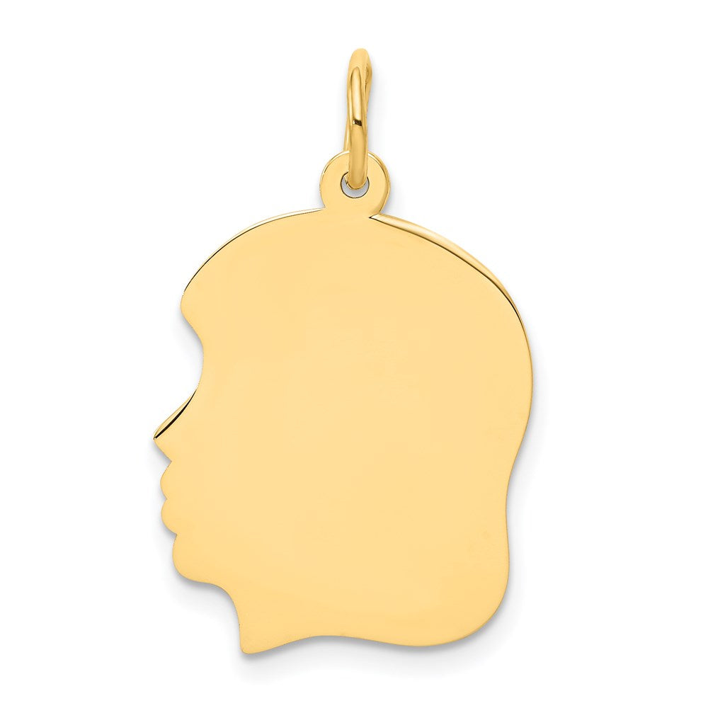 14k Plain Medium .018 Gauge Facing Left Engravable Girl Head Charm, 27 x 17 mm