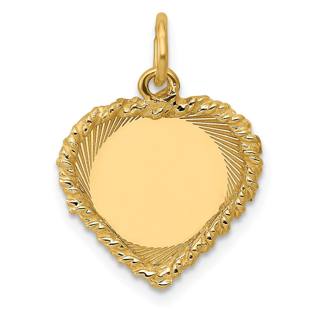 14k Etched Design with Rope Edge .013 Gauge Engravable Heart 17x19mm Disc Charm, 20 x 15 mm