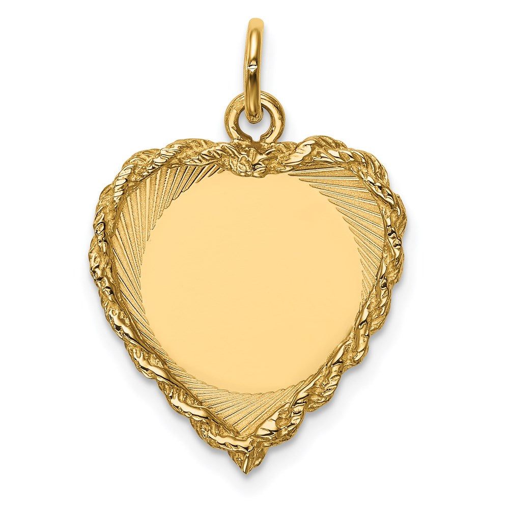 14k Etched Design with Rope Edge .013 Gauge Engravable Heart 21x17mm Disc Charm, 24 x 17 mm
