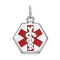 14k White Gold 15mm Hexagon Red Enameled Medical Jewelry Pendant, 20 x 15 mm