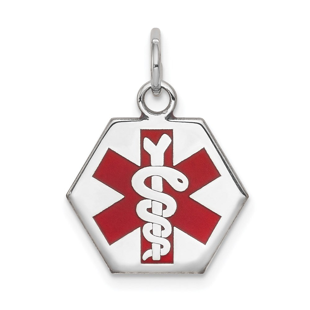 14k White Gold 15mm Hexagon Red Enameled Medical Jewelry Pendant, 20 x 15 mm