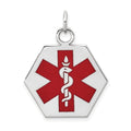 14k White Gold 22.5mm Hexagon Red Enameled Medical Jewelry Pendant, 28 x 23 mm