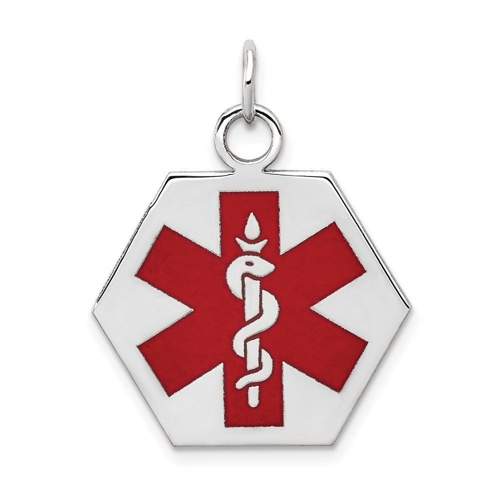 14k White Gold 22.5mm Hexagon Red Enameled Medical Jewelry Pendant, 28 x 23 mm