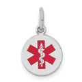 14k White Gold 9.5mm Round Red Enameled Medical Jewelry Pendant, 15 x 9.7 mm