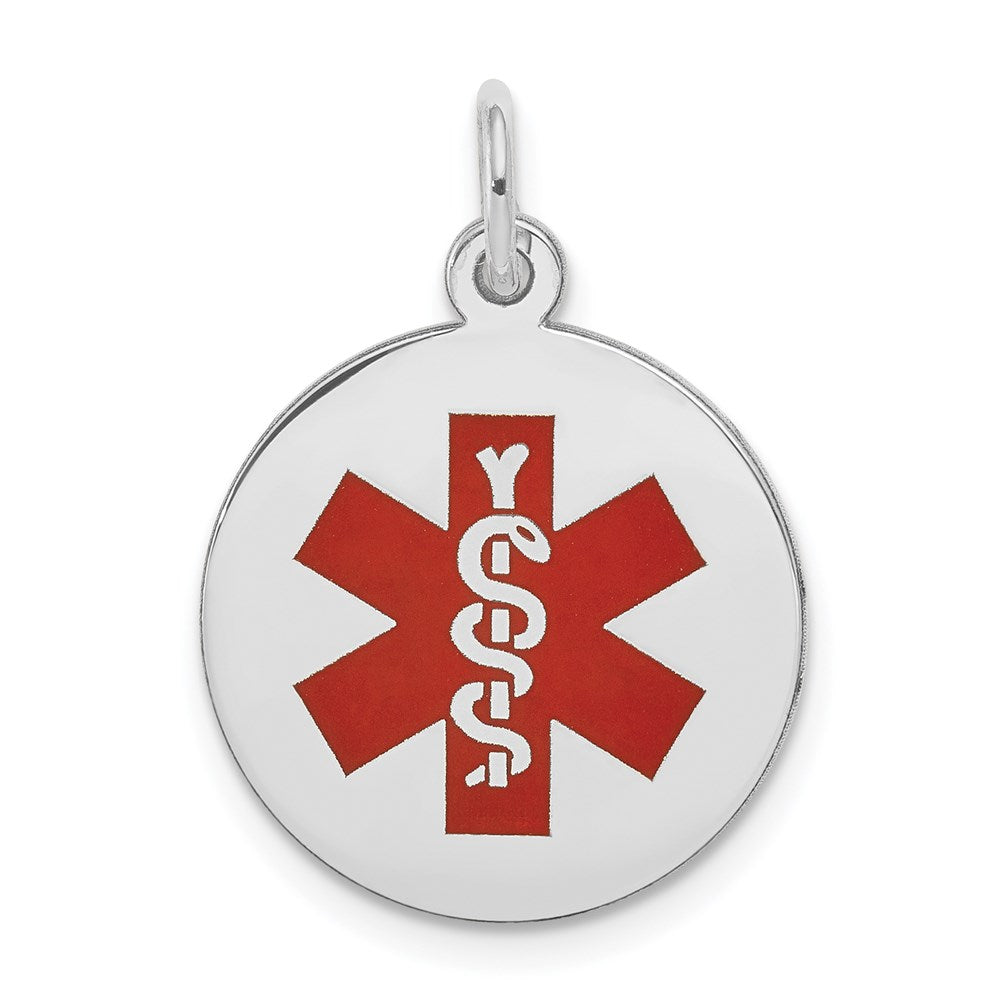 14k White Gold 16mm Round Red Enameled Medical Jewelry Pendant, 22 x 16 mm