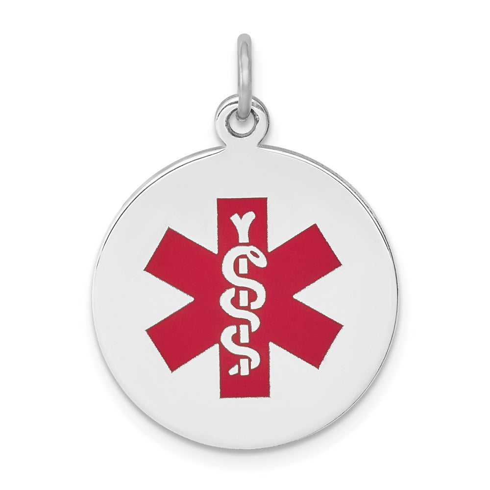 14k White Gold 19mm Round Red Enameled Medical Jewelry Pendant, 26 x 19 mm
