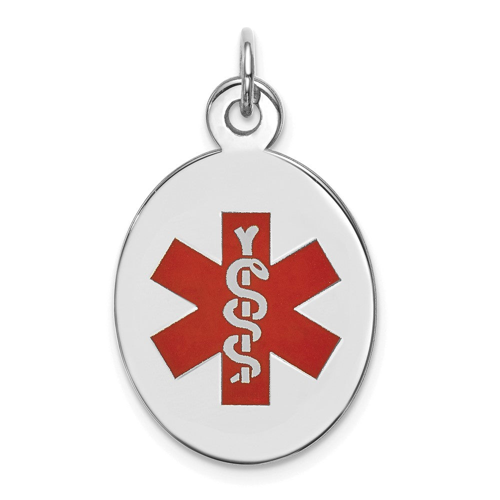 14k White Gold 23x16.5mm Oval Red Enameled Medical Jewelry Pendant, 26 x 16.5 mm
