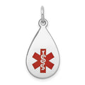 14k White Gold 20x11.5mm Teardrop Red Enameled Medical Jewelry Pendant, 24 x 11.5 mm