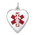 14k White Gold 19mm Heart-Shaped Red Enameled Medical Jewelry Pendant, 26 x 19 mm